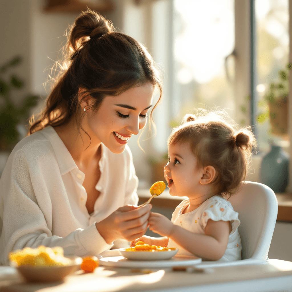 Mãe alimentando bebê carinhosamente