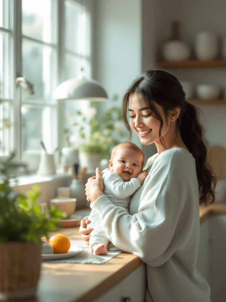 Mãe feliz com bebê na cozinha