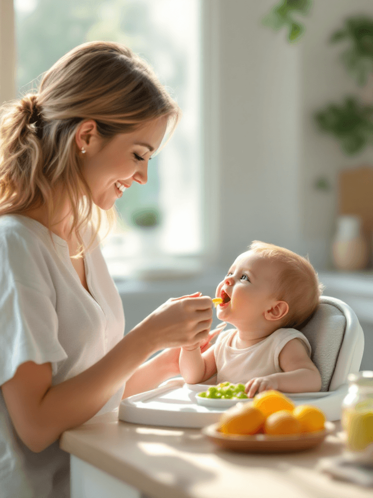 Mãe alimentando bebê feliz